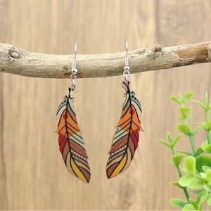 Feather Tribal Wooden Leaf Charm Earrings Women's Fine Jewelry 2023 New In